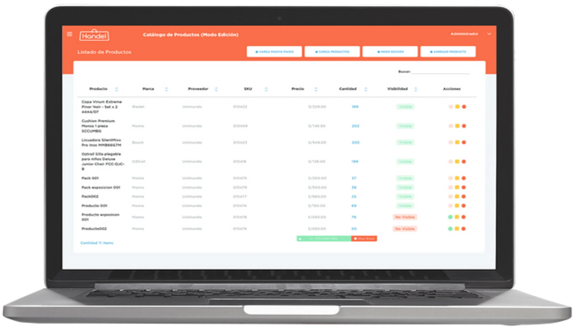 El backoffice de Handel con el catálogo de productos en modo edición
